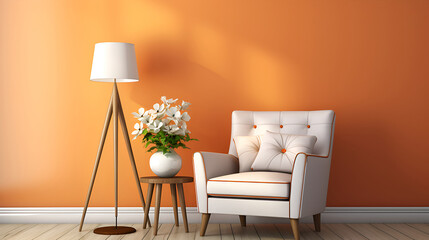 Contemporary Interior Design Background. nterior of living room with orange  houseplants and sofas. Scandinavian Living Room.