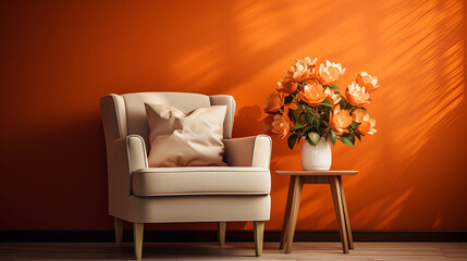 Contemporary Interior Design Background. nterior of living room with orange  houseplants and sofas. Scandinavian Living Room.