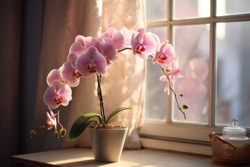 flower and leaves of the phalaenopsis orchid in a flower pot on the windowsill in the house. Care...