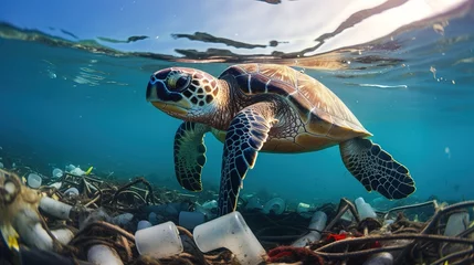 Fotobehang Turtle Swimming Underwater, Sea With Plastic Trash © Carlos Flores
