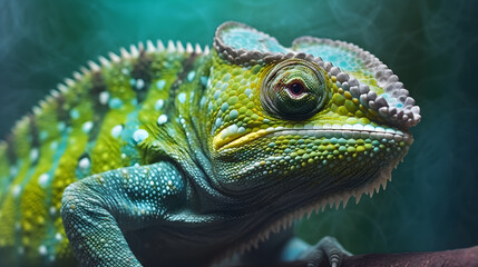 Obraz premium Close up of a green chameleon on a branch with blur in the background, macro lens photography