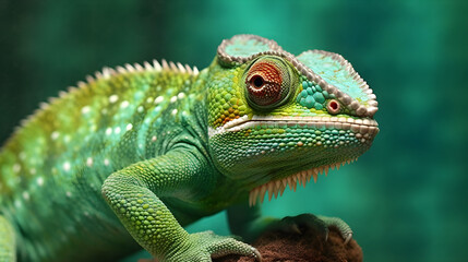 Close up of a green chameleon on a branch with blur in the background, macro lens photography