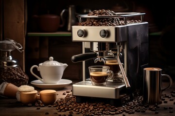 A beautifully crafted Flat White coffee with latte art, served on a rustic wooden table, surrounded by fresh coffee beans and vintage coffee grinder