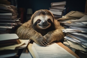 Sloth slowly working at an office with too many Papers and workload  Symbol of the slowness of the authorities Generative AI