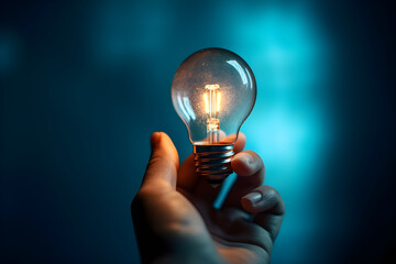 Close up of human hand holding light bulb on dark background. Idea, creativity, energy concept - Powered by Adobe