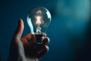 Close up of human hand holding light bulb on dark background. Idea, creativity, energy concept
