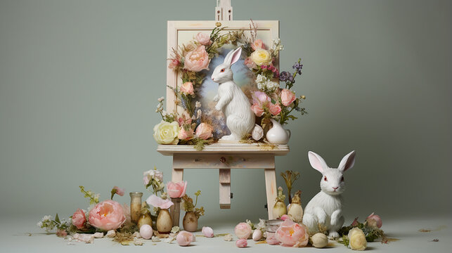 Cavalete branco com decora&ccedil;&atilde;o de P&aacute;scoa como maquete