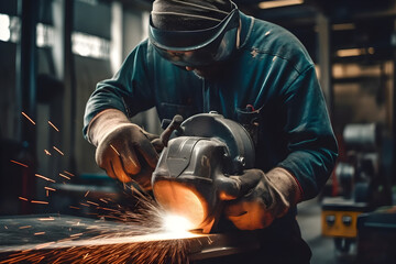 Close-up of a welder working with an electric grinder. heavy industry, maintenance tools, Metal works, construction site concept. - obrazy, fototapety, plakaty