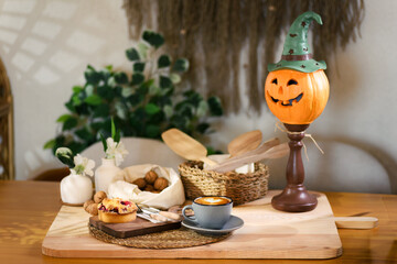 Cozy Setting with Latte and Strawberry Tart