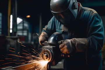 Close-up of a welder working with an electric grinder. heavy industry, maintenance tools, Metal works, construction site concept.