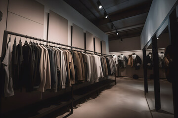 Clothes hanging on a hanger in a fashion store. Creative composition, Modern interior design, presentation, studio, store fashion