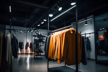 Clothes hanging on a hanger in a fashion store. Creative composition, Modern interior design, presentation, studio, store fashion