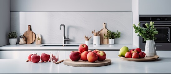 Modern kitchen for sale or lease captured with a professional camera in natural light Blurred room bright apples and utensils are featured