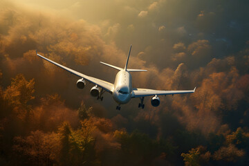 Commercial airplane flying above clouds at sunset. fast travel, transportation, holidays and business concept