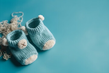 Cute blue knitted baby booties on a blue background with copyspace. Gender Reveal concept, Flat lay, top view, for banner background