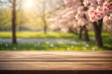 Naklejka na ściany i meble Wooden table and blurred spring background. spring concept
