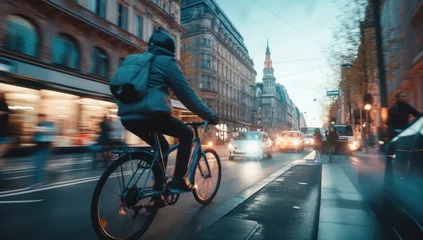 Wandcirkels aluminium cyclist immersed in urban hustle, showcasing the fast-paced nature of city life, the joy of cycling © Banana Images