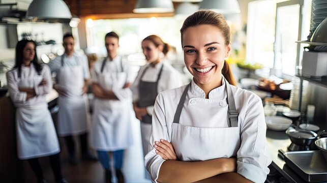 Business portrait of a group of workers, eco food restaurant workshop