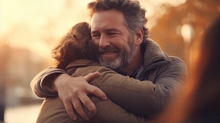 A man and woman are seen smiling in a brightly lit room, radiating happiness