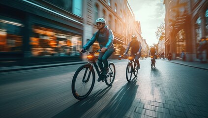 cyclist navigating through a bustling city street, capturing the essence of urban life in motion. - obrazy, fototapety, plakaty