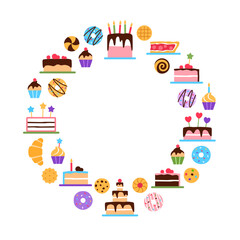 Pastry circle border with copy space for text on white background. Colorful baked healthy sweet elements frame design. Dessert donut cake muffin croissant for cafe restaurant flat vector illustration.
