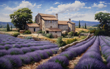 dreamy lavender field scene in watercolor paper 