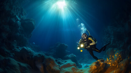 Diver exploring underwater cave. 3d rendering, cave diving, extreme adventure underwater, landscape under water fog