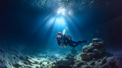Naklejka na ściany i meble Diver exploring underwater cave. 3d rendering, cave diving, extreme adventure underwater, landscape under water fog