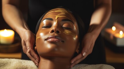 A black woman wearing a facial mask, enjoying a spa treatment as part of her skincare routine.