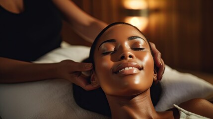 A black woman wearing a facial mask, enjoying a spa treatment as part of her skincare routine. - obrazy, fototapety, plakaty