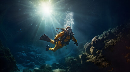 Diver exploring underwater cave. 3d rendering, cave diving, extreme adventure underwater, landscape under water fog