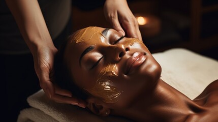 African American woman receiving a facial mask treatment at a spa to enhance her skin care routine - obrazy, fototapety, plakaty