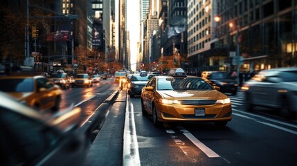 Fototapeta premium A bustling urban transportation during peak hours, taxi concept, showcasing the rush of city life