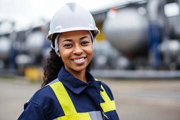 A black woman in a hard hat and safety vest working on a refinery site. African american women - obrazy, fototapety, plakaty