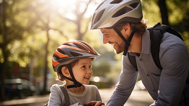 A Father Is Teaching His Son How To Ride A Bike In A Park.