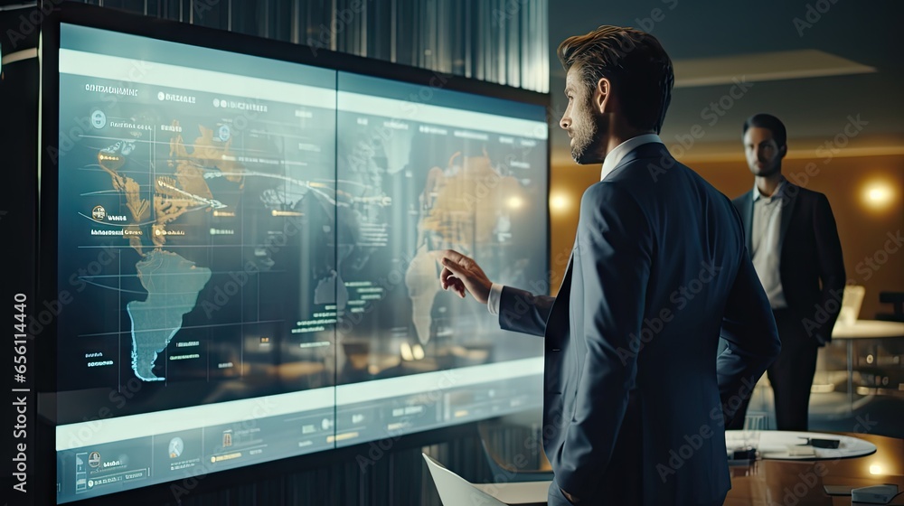 Poster a professional man in formal attire examining data displayed on a screen. hologram futurist concept