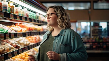 Plus size woman carefully inspects the food options in a grocery store,diet,eating real food concept - obrazy, fototapety, plakaty