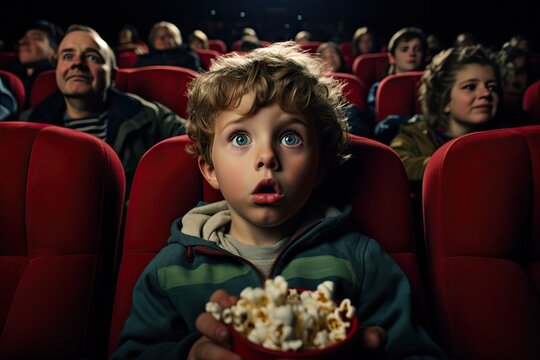 A young boy gazes at a tub of popcorn in a dimly lit movie theater, captivated
