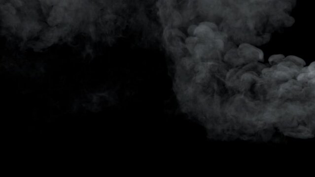 A turbulent white smoke rises covering the screen then dissipates completely on a black background. A perfect overlay for a title, text or logo reveal.