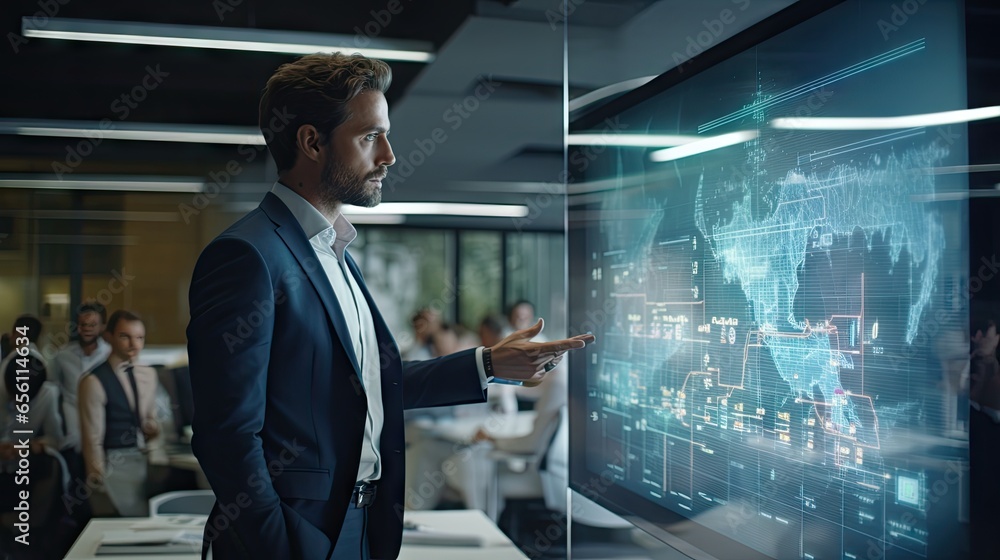 Poster a professional man in formal attire examining data displayed on a screen. hologram futurist concept