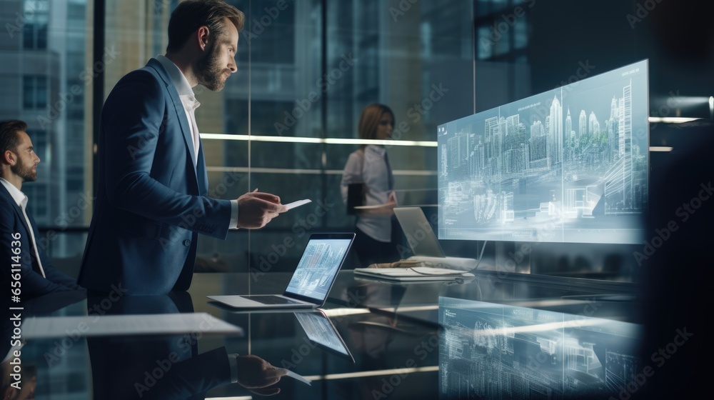 Poster a professional man in formal attire examining data displayed on a screen. hologram futurist concept