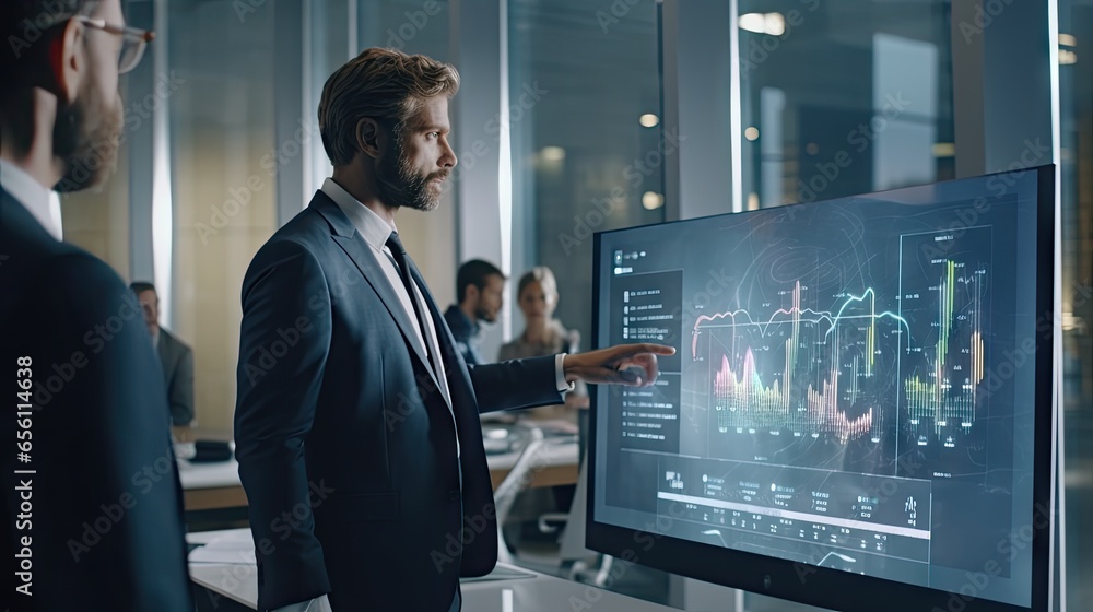 Poster a professional man in formal attire examining data displayed on a screen. hologram futurist concept