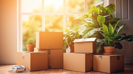 boxes and greenery as someone prepares to move to a new residence.