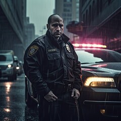 Fototapeta na wymiar a man in a police uniform standing next to a car