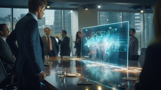 A businessman in a suit analyzing data on a screen. Big data tech company, enterprise concept