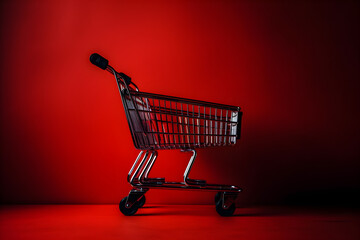 Empty shopping cart isolated on red background with copyspace. Cyber Monday, Black Friday, commerce, Sale buy mall market shop consumer concept