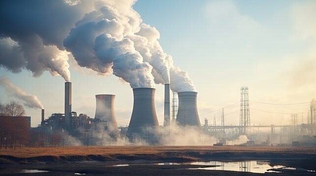 manufacturing facility with multiple chimneys releasing smoke, symbolizing environmental impact.