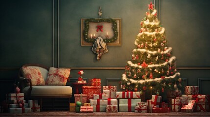 An artistic composition featuring a Christmas tree with pastel-colored decorations, set against a textured background that adds depth to the scene, providing space for text. AI generated