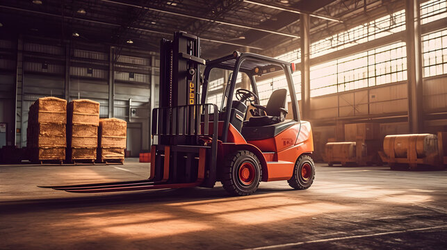 Forklift in warehouse. heavy industry, construction site concept.