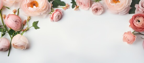 Wedding and birthday scene with blank greeting card adorned with blush pink English roses ranunculus flowers and lentisk leaves placed on a concrete table background - obrazy, fototapety, plakaty